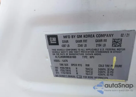 2021 Chevrolet Trax Awd Ls из США, поврежденный, VIN KL7CJNSMXMB361069